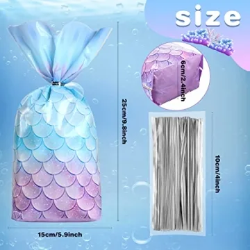 Mermaid Party Favors Bags - 100 Pcs with Twist Ties