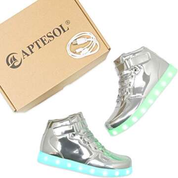 APTESOL Kids LED Light Up Shoes High Top Cool USB Rechargeable Flashing Sneakers for Halloween Xmas Birthday Gift School Party Dancing Unisex Child Boys Girls Footwear (MirrorSilver, 7 Big Kid)