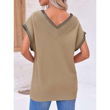 Saodimallsu Womens V Neck Sweater Vest Summer Trendy Cap Sleeve Casual Loose Knit Sleeveless Pullover Tank Tops Khaki, XX-Large