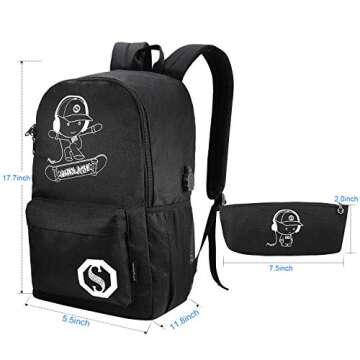 Pawsky School Backpack for Teen Boys, Skateboard Anime Luminous Backpack with USB Charging Port, Anti Theft Lock and Pencil Case, College School Bookbag Lightweight Laptop Bag, Black