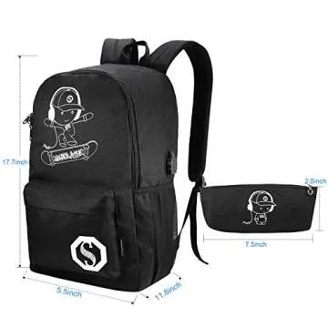 Pawsky School Backpack for Teen Boys, Skateboard Anime Luminous Backpack with USB Charging Port, Anti Theft Lock and Pencil Case, College School Bookbag Lightweight Laptop Bag, Black
