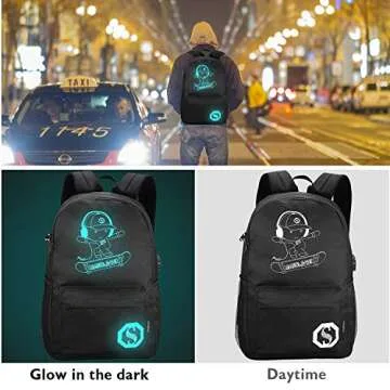 Pawsky School Backpack for Teen Boys, Skateboard Anime Luminous Backpack with USB Charging Port, Anti Theft Lock and Pencil Case, College School Bookbag Lightweight Laptop Bag, Black
