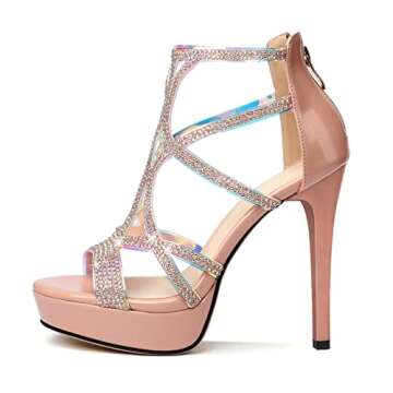 Mettesally Women's Rinestones high heels Sandals with Platform, Sexy Open Toe Glitter Pumps Shoes for Wedding Pink US8