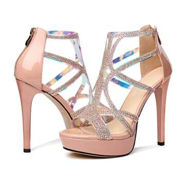 Mettesally Women's Rinestones high heels Sandals with Platform, Sexy Open Toe Glitter Pumps Shoes for Wedding Pink US8