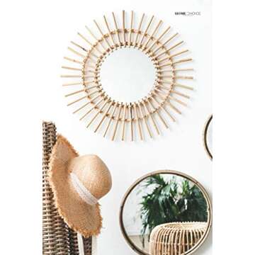 RISEON Boho Mid-Century Vintage Moroccan Style Halo Wicker Mirror, Bamboo Rattan Sunburst Mirror, Hanging Wall Mirror, Round Room Entryway Mirror