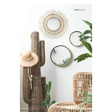 RISEON Boho Mid-Century Vintage Moroccan Style Halo Wicker Mirror, Bamboo Rattan Sunburst Mirror, Hanging Wall Mirror, Round Room Entryway Mirror