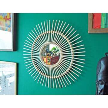 RISEON Boho Mid-Century Vintage Moroccan Style Halo Wicker Mirror, Bamboo Rattan Sunburst Mirror, Hanging Wall Mirror, Round Room Entryway Mirror