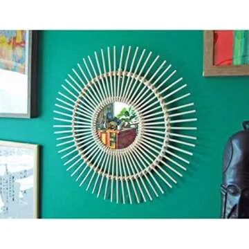 RISEON Boho Mid-Century Vintage Moroccan Style Halo Wicker Mirror, Bamboo Rattan Sunburst Mirror, Hanging Wall Mirror, Round Room Entryway Mirror