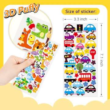 Eukynlre 3D Puffy Stickers for Kids Cute Sticker Pack for Girls Animal Stickers for Toddlers 2-4 Years, Including Dinosaur, Fish, Heart, Car, Numbers and More (16 Sheets, 750 Pcs)