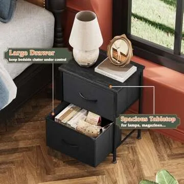 WLIVE Black Nightstand, Small Dresser for Bedroom with 2 Fabric Drawer, Bed Side Table with Drawers, End Table Bedside Furniture, Sturdy Steel Frame, Wood Top, Closet Organizer, College Dorm