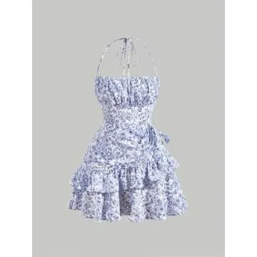 Floerns Women's Floral Print Sleeveless Halter Tie Back Layered Hem Cami Mini Dress Blue and White Large