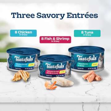 Blue Buffalo Tastefuls Flaked Wet Cat Food Variety Pack, Made with Natural Ingredients, Tuna, Chicken, Fish & Shrimp, 5.5-oz Cans (24 Count, 8 of Each)