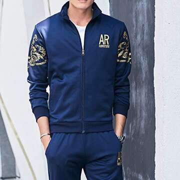 AOTORR Men's Casual Sweat Suit Set Full Zip Tracksuit Jogging Running Sportswear Navy XL