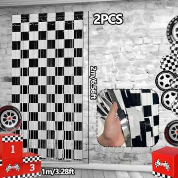 Race Car Foil Fringe Curtains Backdrop Birthday Party Decorations, 2 Pack 3.28 x 6.56 Ft Black White...