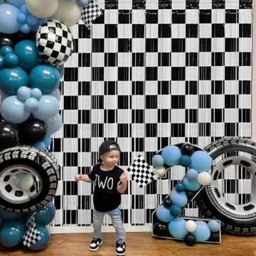 Race Car Foil Fringe Curtains Backdrop Birthday Party Decorations, 2 Pack 3.28 x 6.56 Ft Black White Foil Fringe Curtain Photo Booth Props Car Lightning Fast Wheels One Happy Dude Party Decorations