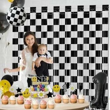 Race Car Foil Fringe Curtains Backdrop Birthday Party Decorations, 2 Pack 3.28 x 6.56 Ft Black White Foil Fringe Curtain Photo Booth Props Car Lightning Fast Wheels One Happy Dude Party Decorations