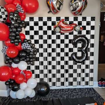 Race Car Foil Fringe Curtains Backdrop Birthday Party Decorations, 2 Pack 3.28 x 6.56 Ft Black White Foil Fringe Curtain Photo Booth Props Car Lightning Fast Wheels One Happy Dude Party Decorations