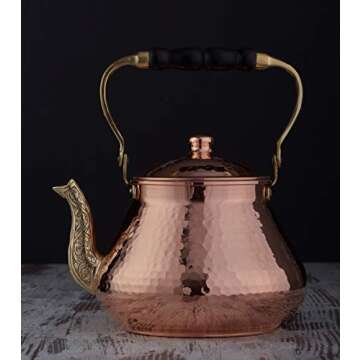 DEMMEX Large Copper Teapot, 1mm Thick, Hammered, Handcrafted in Turkey, 3 Quarts (2.8L)