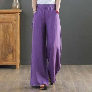 Deals of The Day Lightning Today Prime Womens Cotton Linen Pants Summer Wide Leg Palazzo Pants Elastic High Waist Trousers Loose Beach Pants with Pockets Women's Summer Pants Sale Clearance Purple,XL