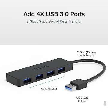 Plugable 4 Port USB Hub 3.0, USB Splitter for Laptop, Compatible with Windows, Surface Pro, PC, Chro...