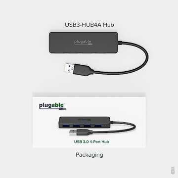 Plugable 4 Port USB Hub 3.0, USB Splitter for Laptop, Compatible with Windows, Surface Pro, PC, Chromebook, Linux, Android, Charging Not Supported