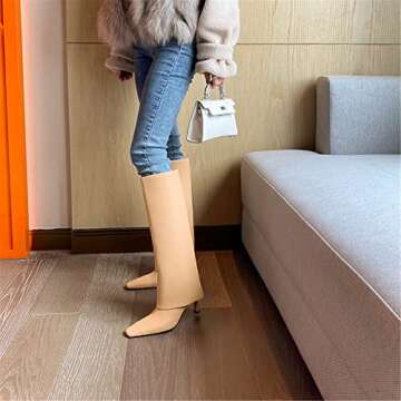 Goolita Women's Stiletto Heel Knee High Boots Square Toe Slip On Fold Over Boots For Women Leather Comfortable Dress Tall Boots