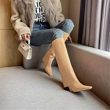 Goolita Women's Stiletto Heel Knee High Boots Square Toe Slip On Fold Over Boots For Women Leather Comfortable Dress Tall Boots