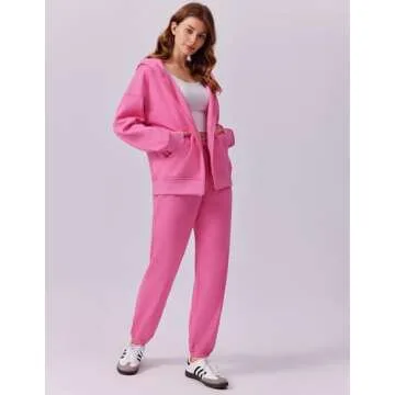 PINSPARK 2 Piece Sets for Women Zip Up Hoodie Cinch Bottom Sweatpants With Pockets Fleece Sweat Suit Sets Winter 2024 Hot Pink S