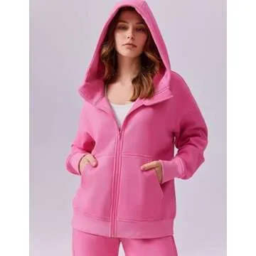 PINSPARK 2 Piece Sets for Women Zip Up Hoodie Cinch Bottom Sweatpants With Pockets Fleece Sweat Suit Sets Winter 2024 Hot Pink S