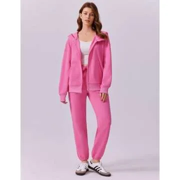 PINSPARK 2 Piece Sets for Women Zip Up Hoodie Cinch Bottom Sweatpants With Pockets Fleece Sweat Suit Sets Winter 2024 Hot Pink S