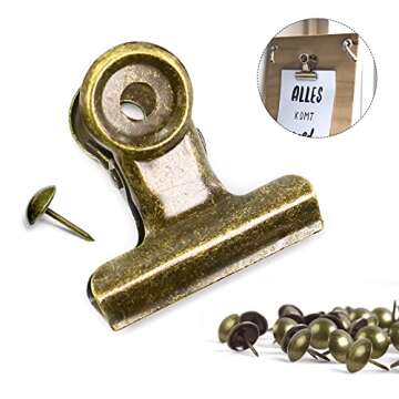 YUCHIYA 12 Pack Metal Clips with 12 Push-pins for Corkboard,Bulldog Clips for Hanging Pictures,Small...