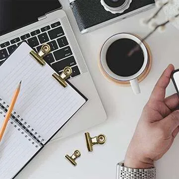 YUCHIYA 12 Pack Metal Clips with 12 Push-pins for Corkboard,Bulldog Clips for Hanging Pictures,Small Hinge Clips for Crafts,Mini Binder Clips Paper File Clamps for Office School(1.5 Inch,Bronze)