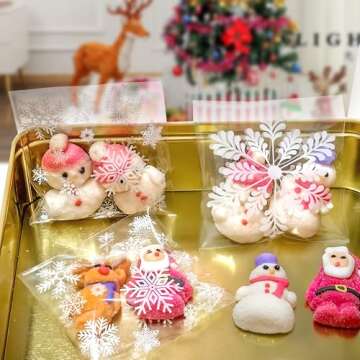 Christmas Self Sealing Cookie Bags: 100 Pcs 4x4 Inches Snowflake Cellophane Treat Bags for Gift Giving, Clear Resealable Christmas Goodie Bags for Packaging Candy, Cookies, Treat, Snacks and Favors