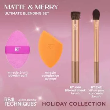 Real Techniques Matte & Merry Ultimate Blending 4 Piece Holiday Gift Set, Foundation Makeup Sponge, Dual-Sided Powder Puff, & 2 Makeup Brushes, Kitten Paw Brush, Stocking Stuffer, Limited Edition