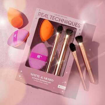 Real Techniques Matte & Merry Ultimate Blending 4 Piece Holiday Gift Set, Foundation Makeup Sponge, Dual-Sided Powder Puff, & 2 Makeup Brushes, Kitten Paw Brush, Stocking Stuffer, Limited Edition