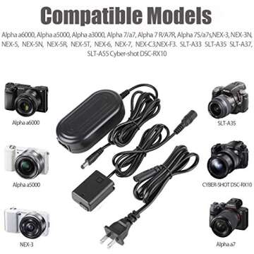 ENEGON AC-PW20 AC Power Adapter NP-FW50 Dummy Battery DC Coupler Charger Kit for Sony Alpha A6000 A6400 A6300 A5100 A6500 A6100 ZV-E10 A7II A7RII A7SII A7 A7R A7S RX10 II III IV NEX5 NEX7 Cameras