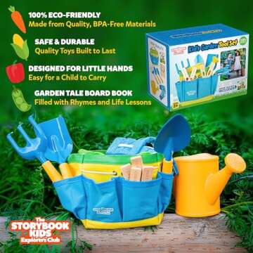 Blue Kids Gardening Tools - Includes Sturdy Tote Bag, Watering Can, Gloves, Shovels, Rake, and Delig...