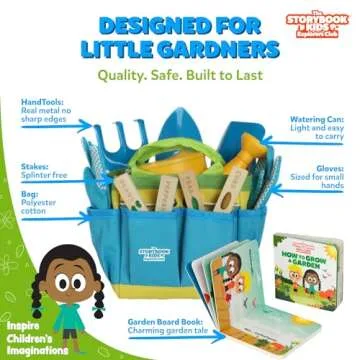 Blue Kids Gardening Tools - Includes Sturdy Tote Bag, Watering Can, Gloves, Shovels, Rake, and Delightful Children's Book - Kids Garden Tool Set -Easter Gifts for Toddler Age on up.