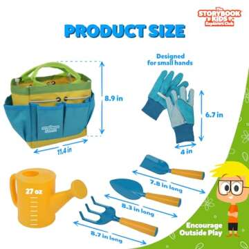 Blue Kids Gardening Tools - Includes Sturdy Tote Bag, Watering Can, Gloves, Shovels, Rake, and Delightful Children's Book - Kids Garden Tool Set -Easter Gifts for Toddler Age on up.