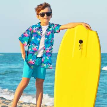 Boy's Button Down Hawaiian Shirts Short Sleeve Cool Cartoon Print Aloha Dress Tops T-Shirt for Kids 7-12T (US, Age, 7 Years, 8 Years, Flamingo)