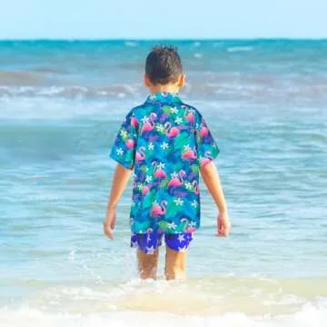 Boy's Button Down Hawaiian Shirts Short Sleeve Cool Cartoon Print Aloha Dress Tops T-Shirt for Kids 7-12T (US, Age, 7 Years, 8 Years, Flamingo)