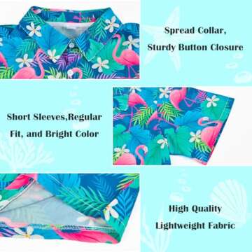 Boy's Button Down Hawaiian Shirts Short Sleeve Cool Cartoon Print Aloha Dress Tops T-Shirt for Kids 7-12T (US, Age, 7 Years, 8 Years, Flamingo)