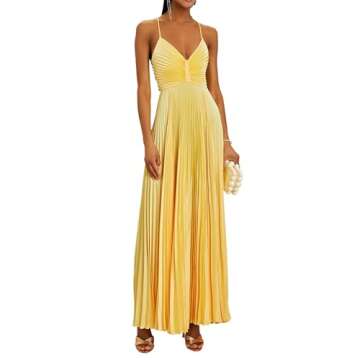 Jardinvue Yellow Slip Dress Womens Maxi Tea Party Dress Pleated Prom Dress Chic Date Night Dress Stu...