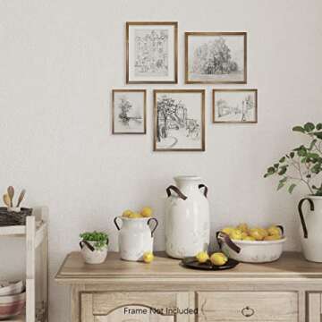 French Country Kitchen Etching Print Poster - Rustic Modern Farmhouse Drawing Wall Art Decor - Mid Century Victoria Picture Bathroom - Aesthetic Vintage - Street Floral Forest Sketch - Set 5 Gallery