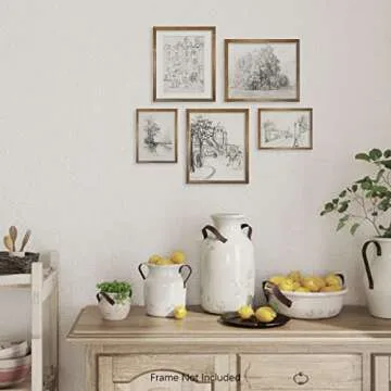 French Country Kitchen Etching Print Poster - Rustic Modern Farmhouse Drawing Wall Art Decor - Mid Century Victoria Picture Bathroom - Aesthetic Vintage - Street Floral Forest Sketch - Set 5 Gallery