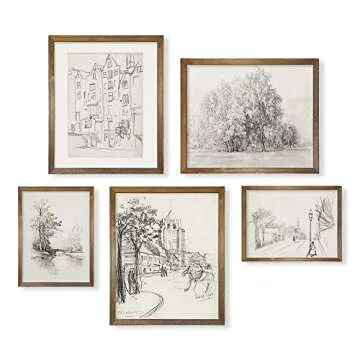 French Country Kitchen Etching Print Poster - Rustic Modern Farmhouse Drawing Wall Art Decor - Mid Century Victoria Picture Bathroom - Aesthetic Vintage - Street Floral Forest Sketch - Set 5 Gallery