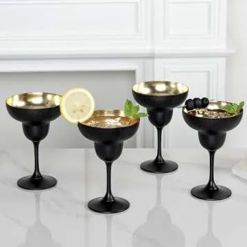 MyGift 10 oz Margarita Glasses with Modern Matte Black and Gold Tone Plated Finish for Cocktail Party, Wedding, Restaurant, Set of 4