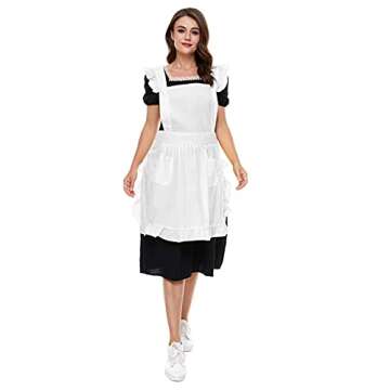 LilMents Retro Adjustable Ruffle Apron with Pockets, Small to Plus Size Ladies (White)