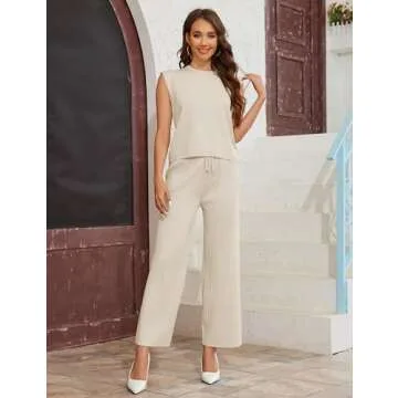 IMCTAH 2 Piece Outfits Sweater Sets Knit Sleeveless Pullover Top High Waisted Pants Tracksuits for Women(Beige-S)