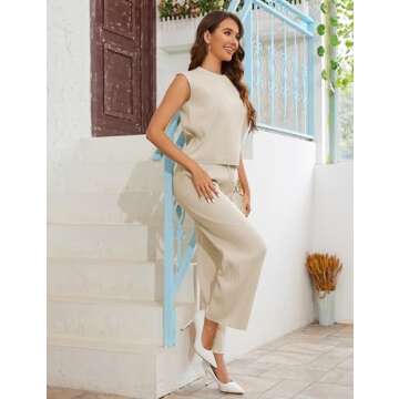 IMCTAH 2 Piece Outfits Sweater Sets Knit Sleeveless Pullover Top High Waisted Pants Tracksuits for Women(Beige-S)